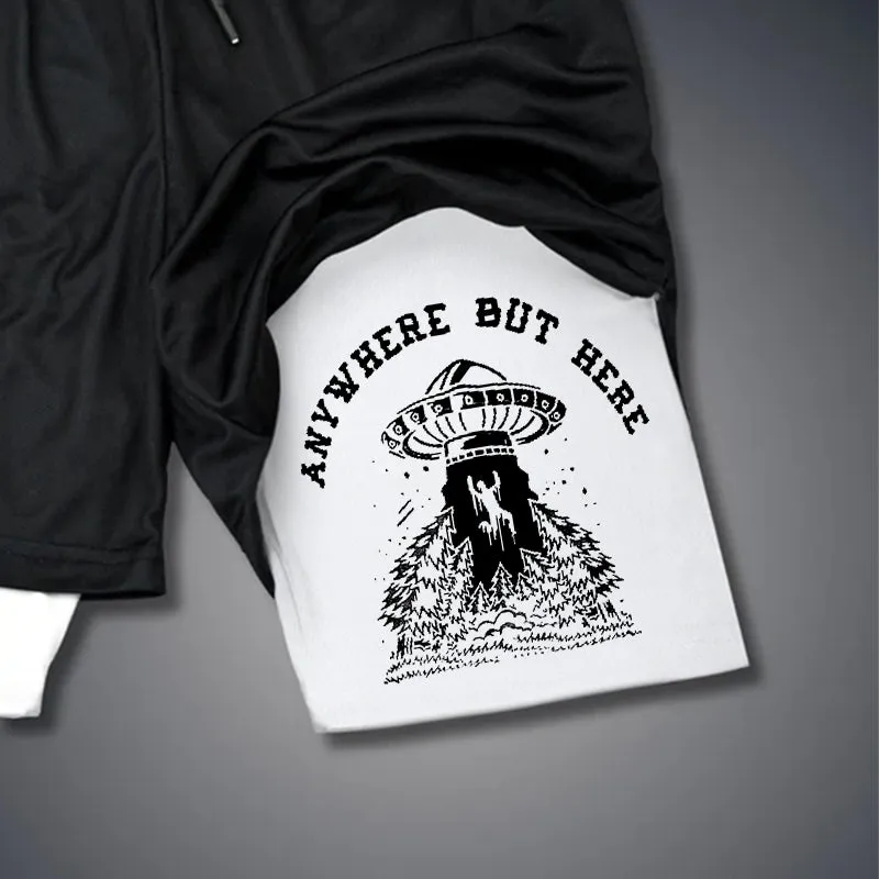 ANY WHERE BUT HERE UFO PRINTED 2 In 1 GYM PERFORMANCE SHORTS
