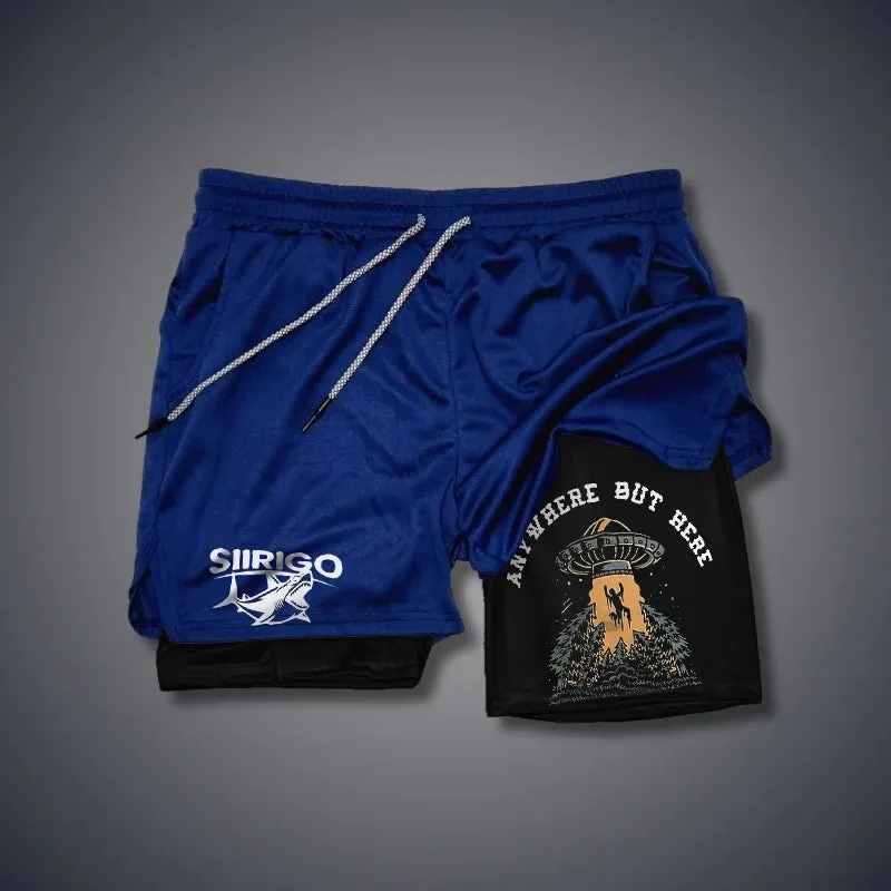 ANY WHERE BUT HERE UFO PRINTED 2 In 1 GYM PERFORMANCE SHORTS