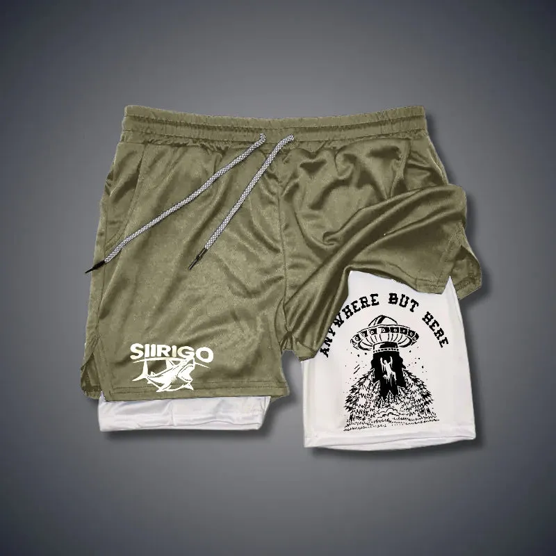 ANY WHERE BUT HERE UFO PRINTED 2 In 1 GYM PERFORMANCE SHORTS