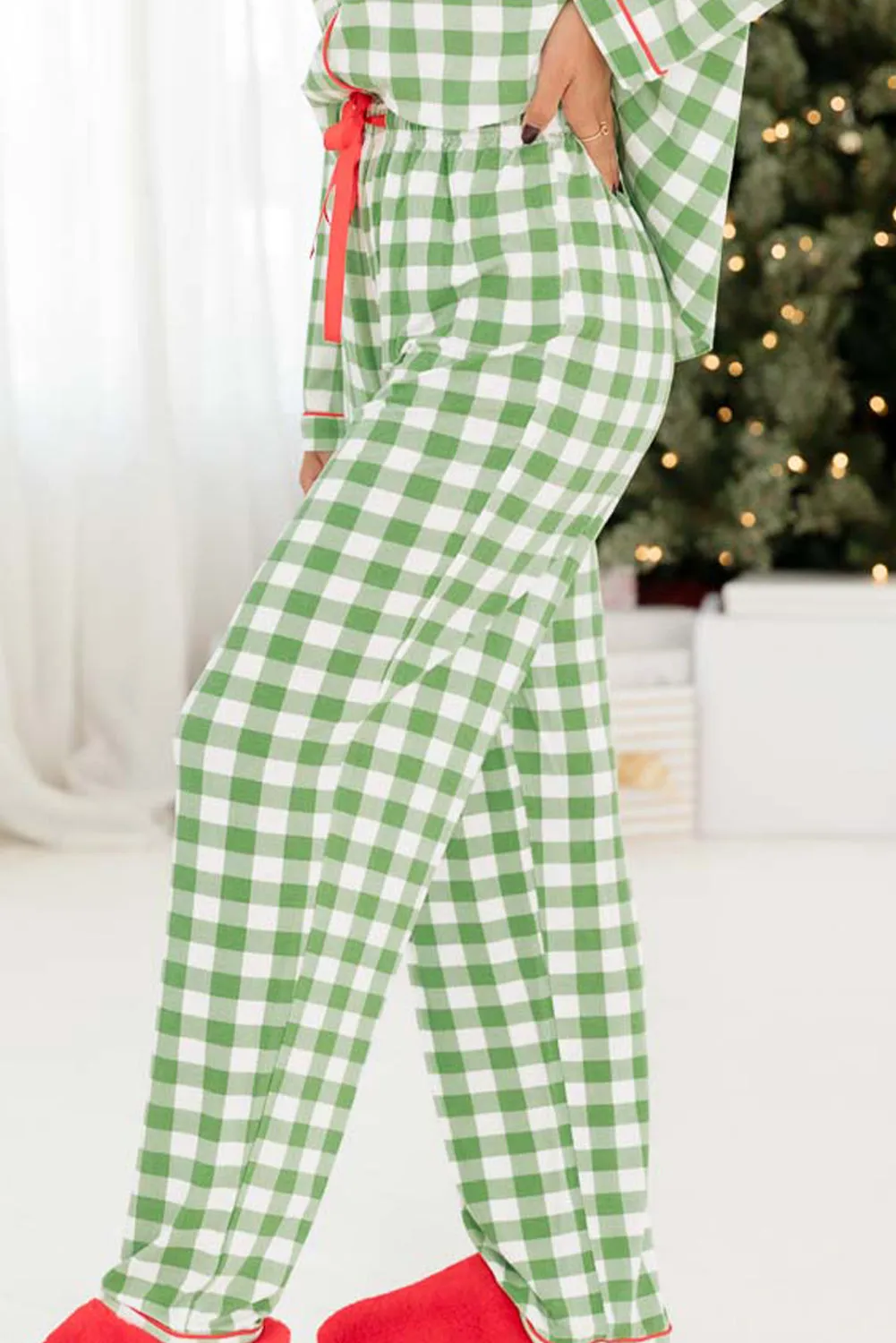 Belle, Plaid Print Shirt and Drawstring Pants Pajama Set