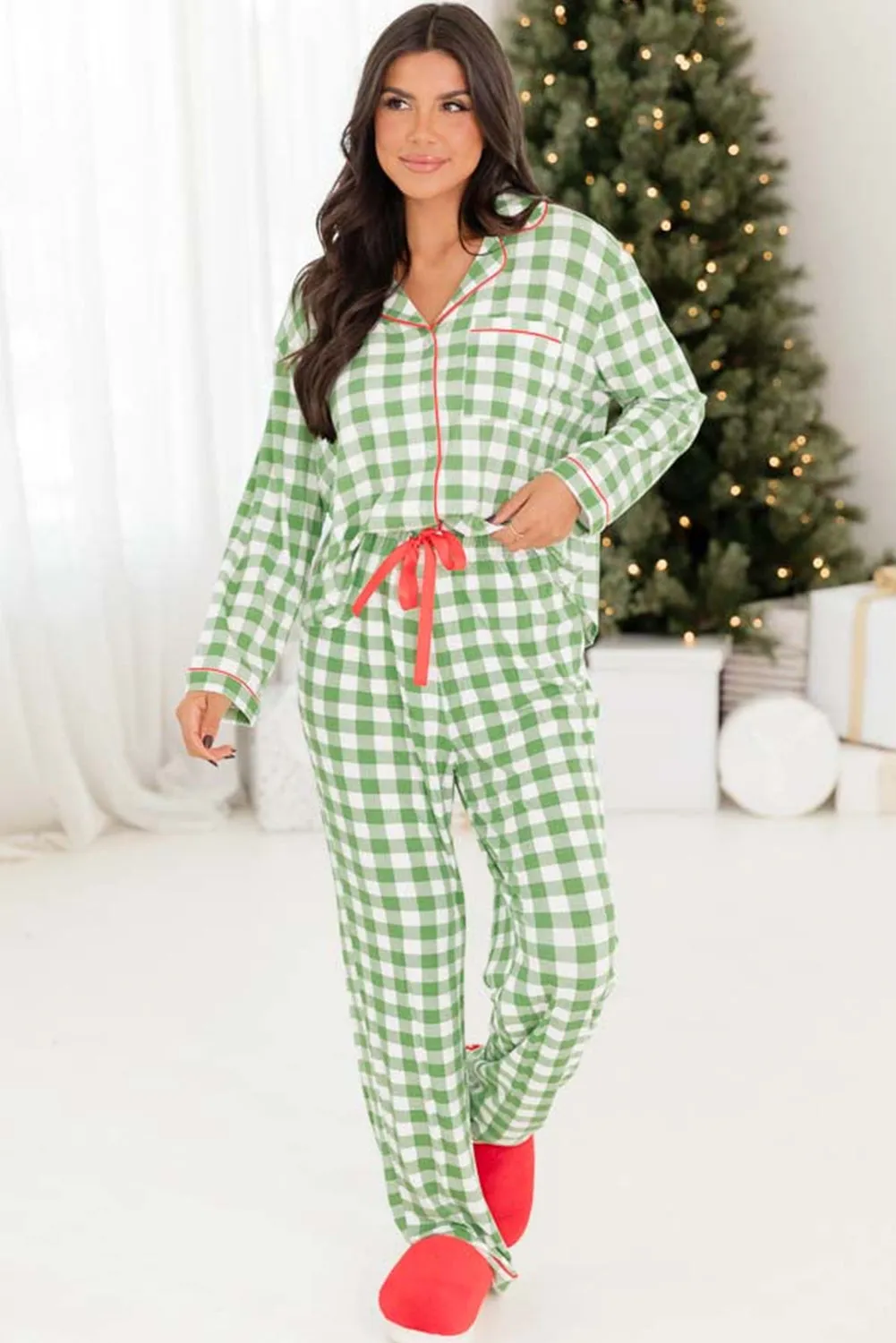 Belle, Plaid Print Shirt and Drawstring Pants Pajama Set