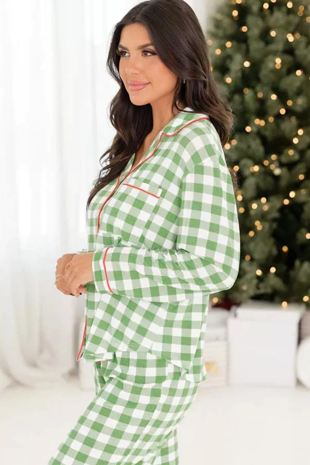 Belle, Plaid Print Shirt and Drawstring Pants Pajama Set