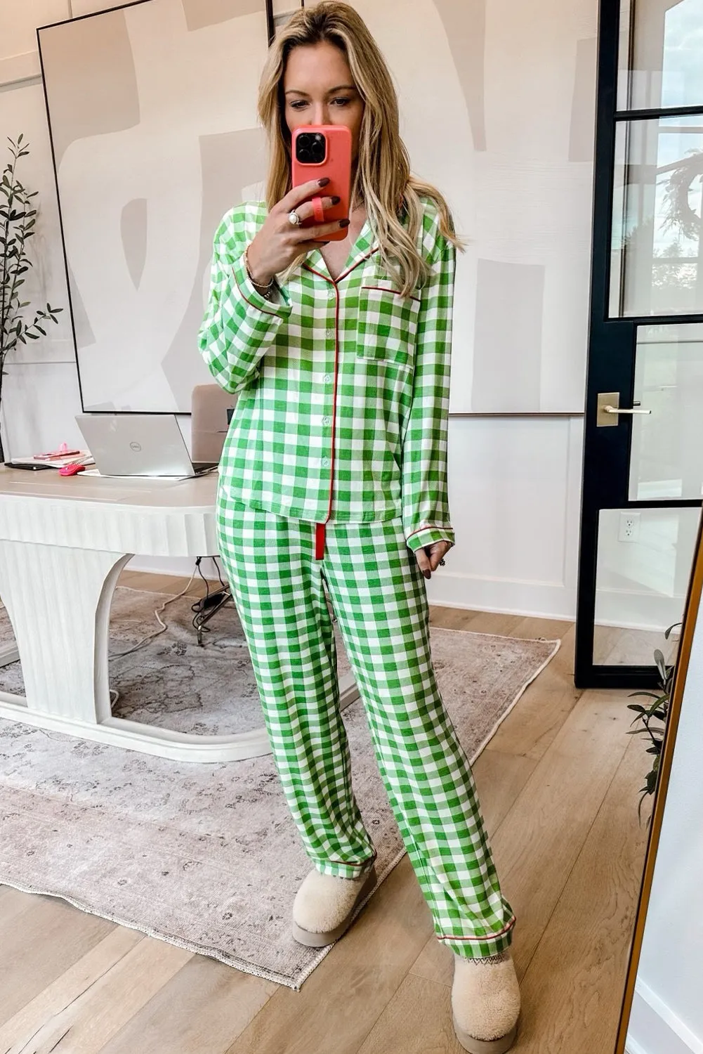 Belle, Plaid Print Shirt and Drawstring Pants Pajama Set