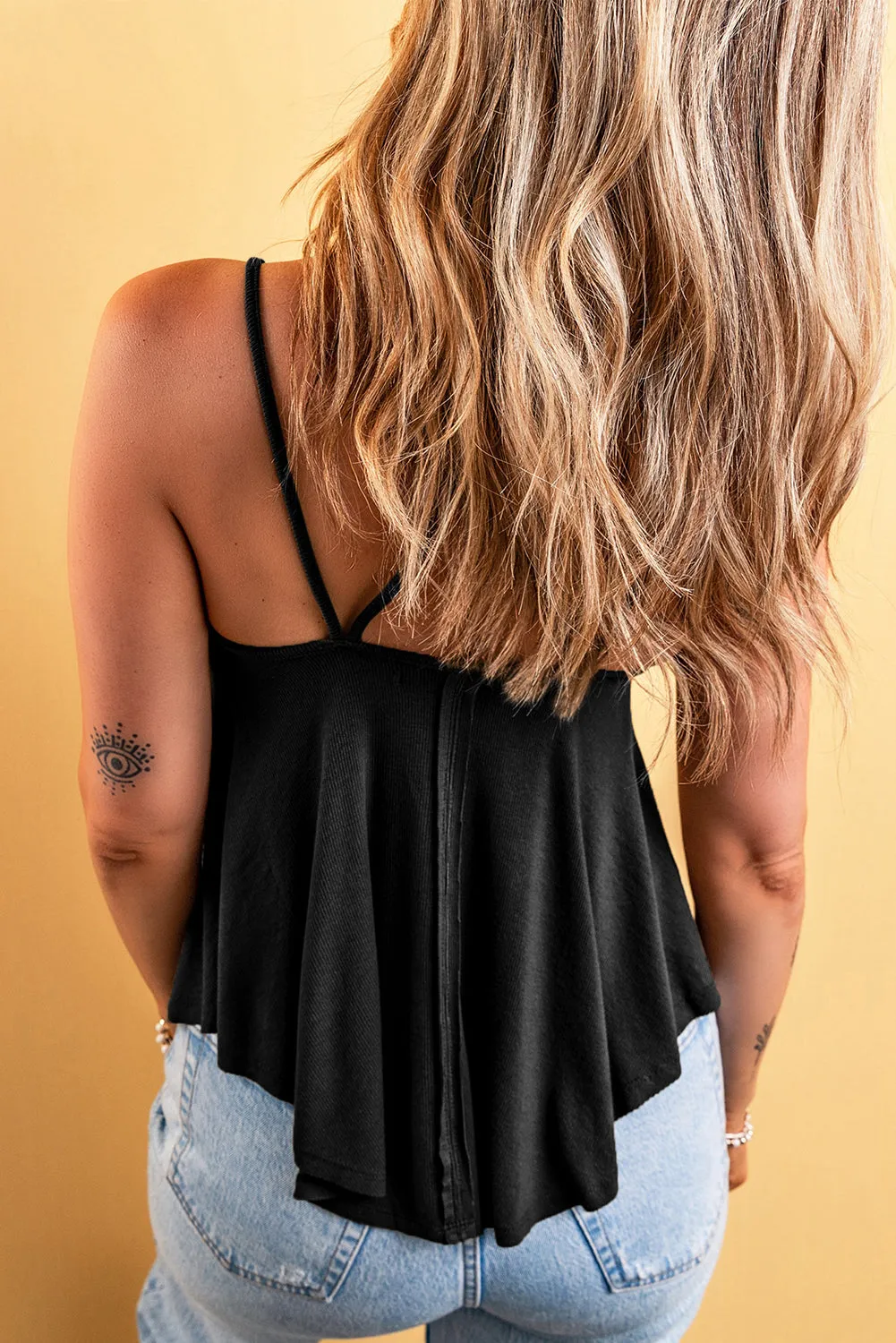 Black Exposed Seam Detail Double Straps Tank Top