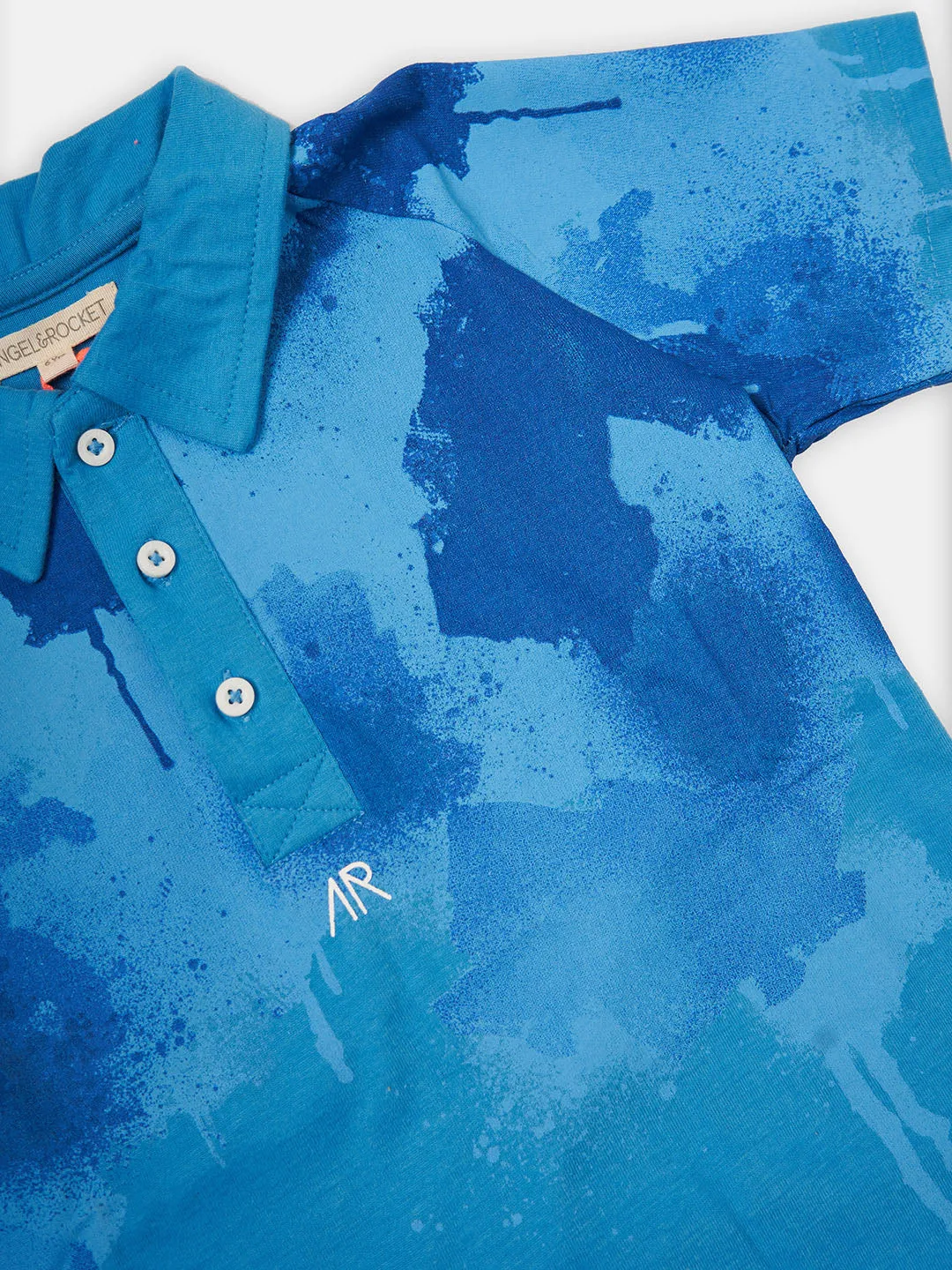 Boys Paint Splat Printed Polo Collar Blue T-Shirt