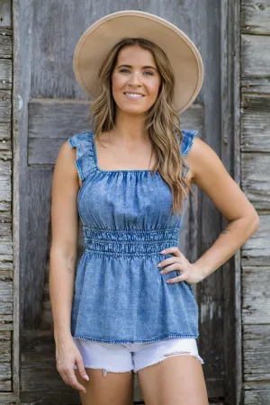 Dark Wash Bleached Shirred Waist Tank
