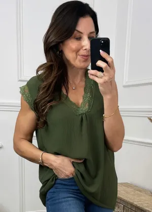 Davina Khaki Lace Trim Top
