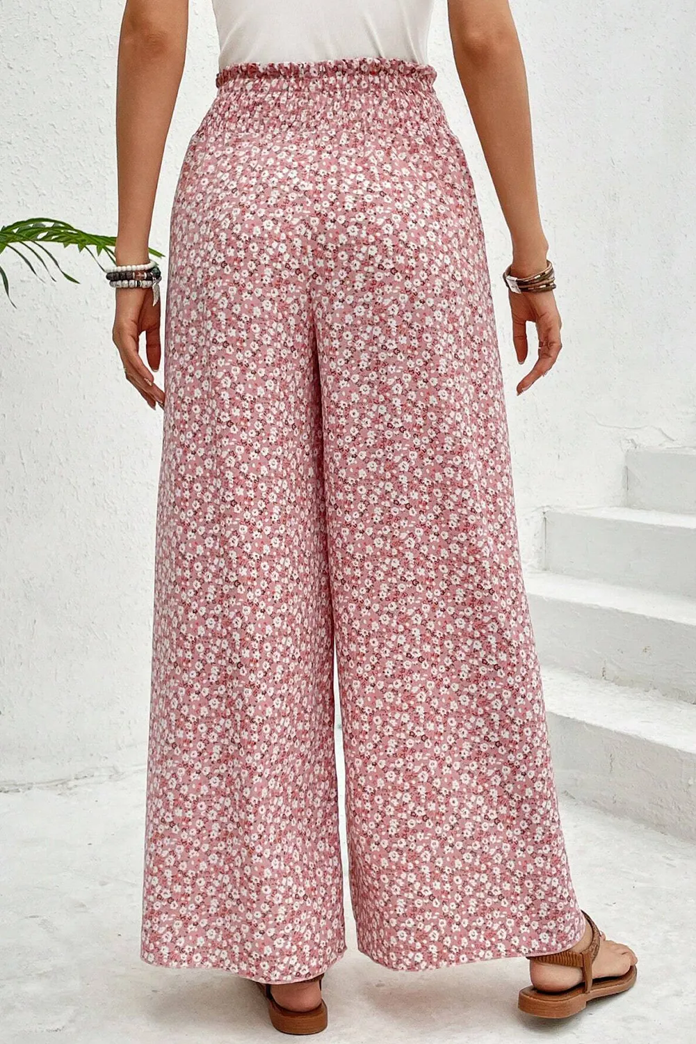 Elle, Pink Floral Shirred Side Slit Wide Leg Pants
