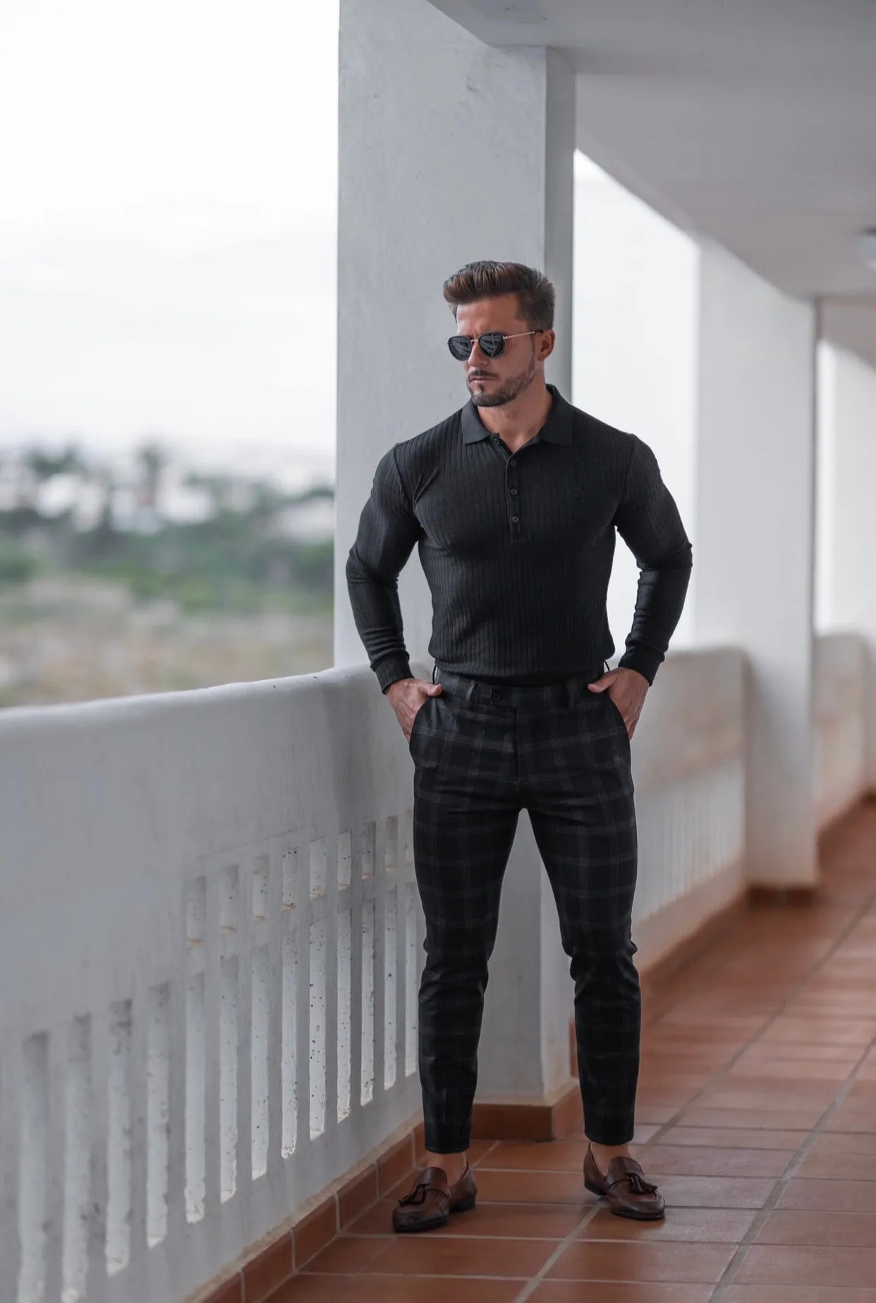 Father Sons Classic Black Ribbed Polo Shirt Long Sleeve - FSH582