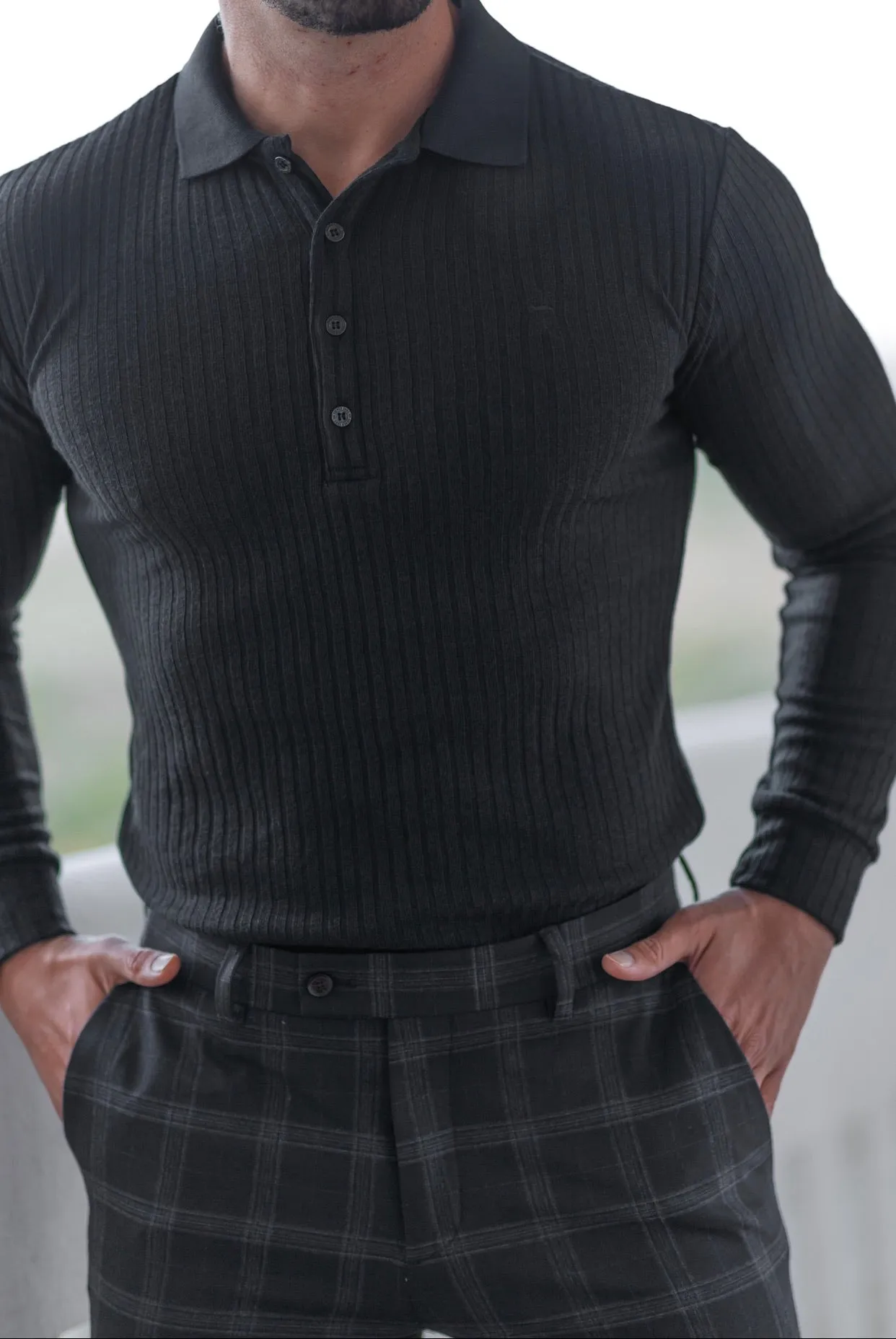 Father Sons Classic Black Ribbed Polo Shirt Long Sleeve - FSH582