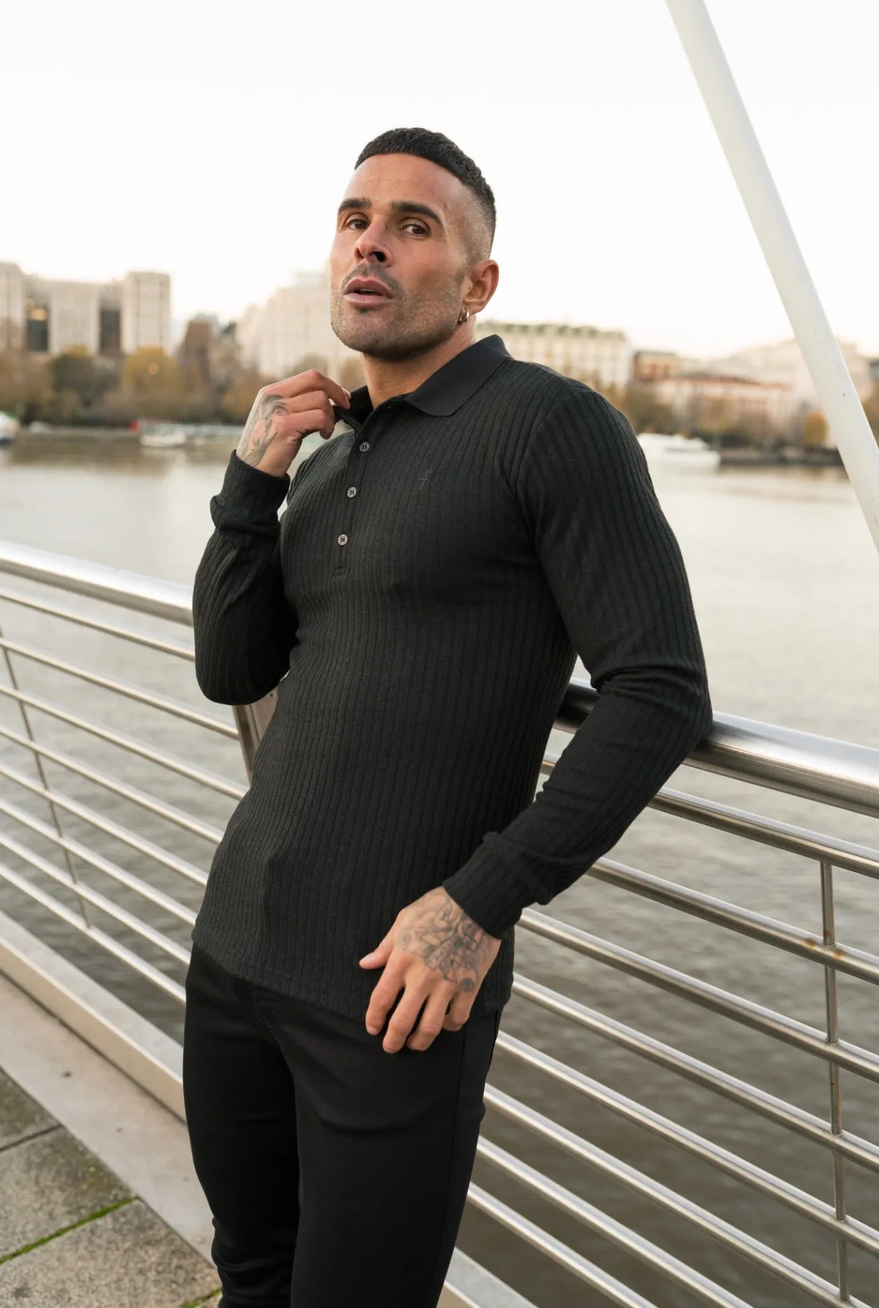 Father Sons Classic Black Ribbed Polo Shirt Long Sleeve - FSH582