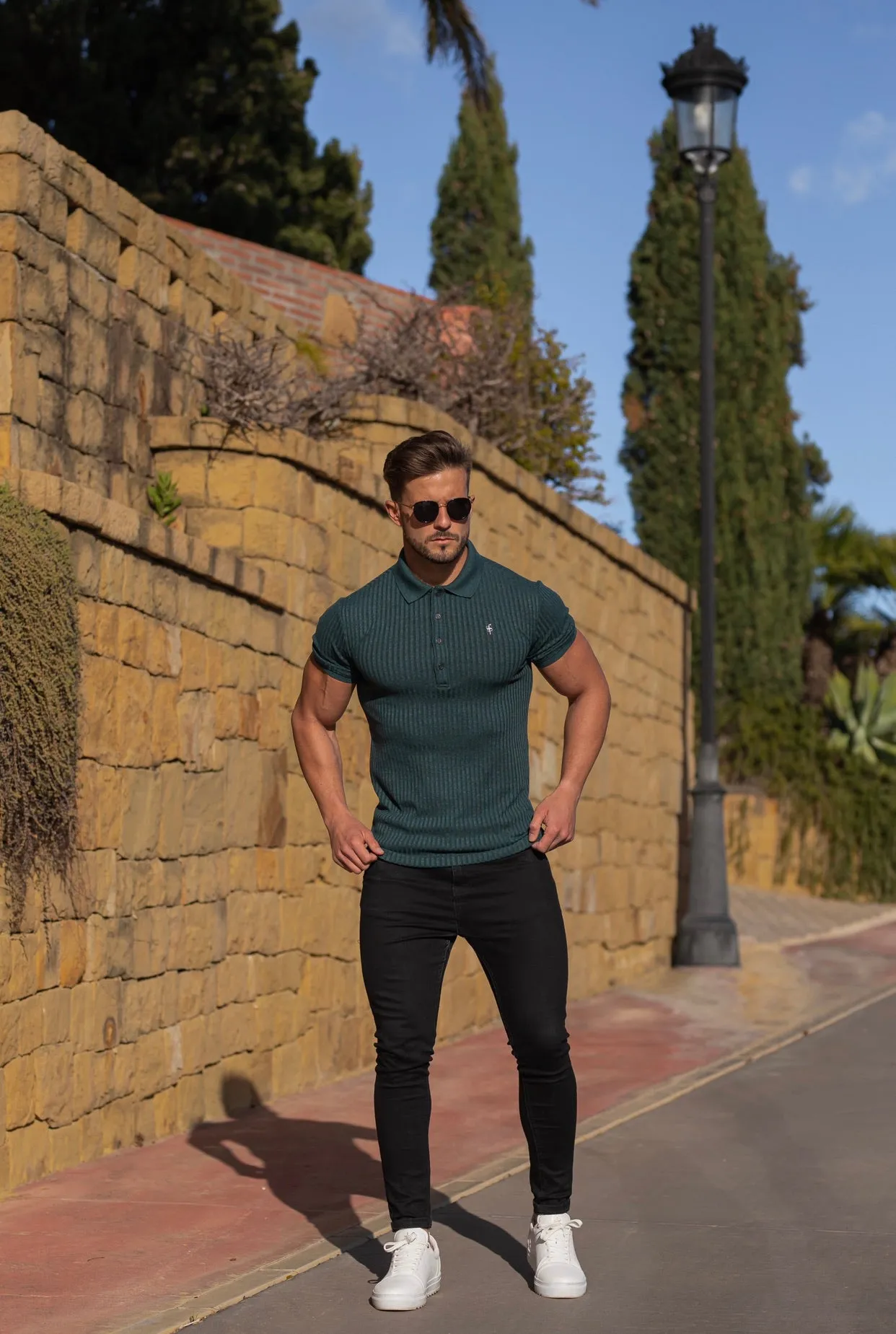Father Sons Classic Forest Green Ribbed Polo Shirt Short Sleeve with Black Metal Emblem Decal & Buttons- FSH584