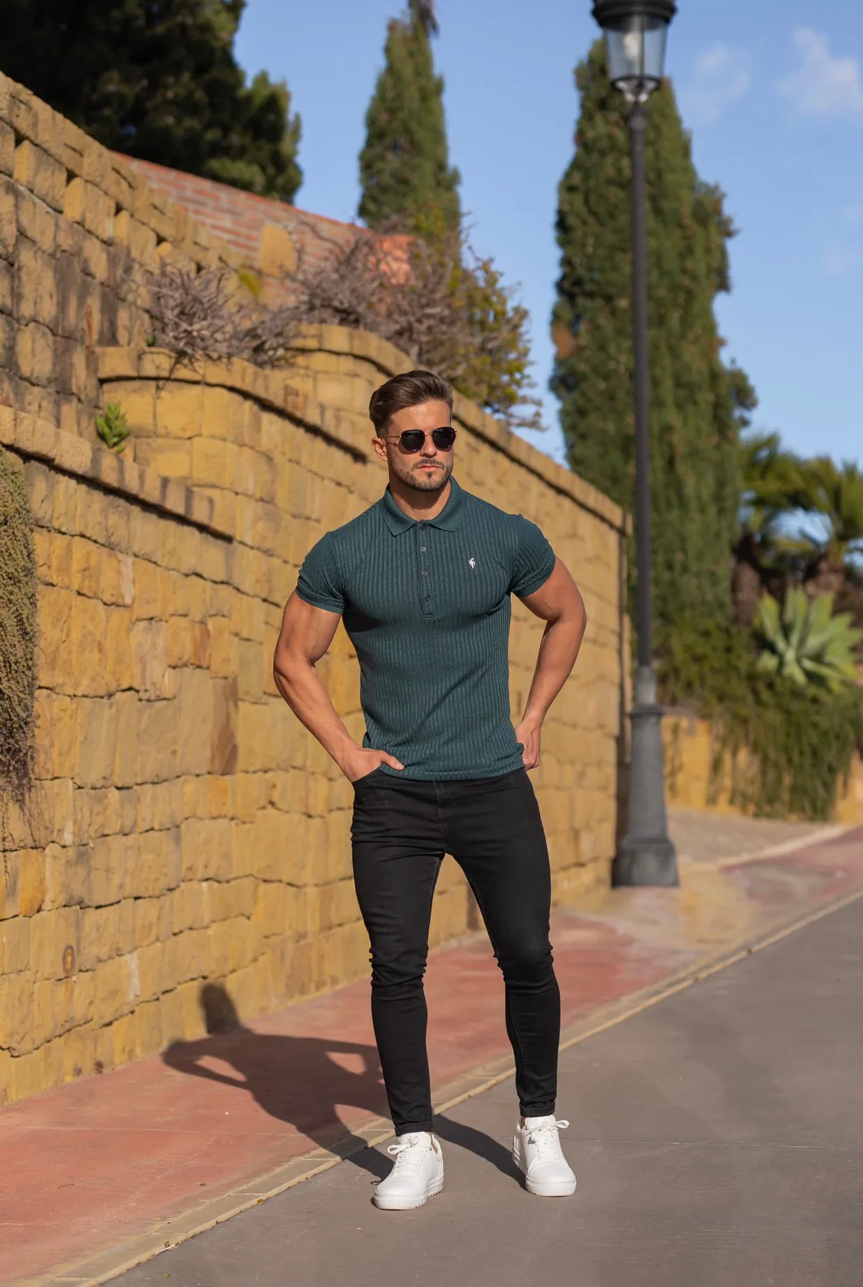 Father Sons Classic Forest Green Ribbed Polo Shirt Short Sleeve with Black Metal Emblem Decal & Buttons- FSH584