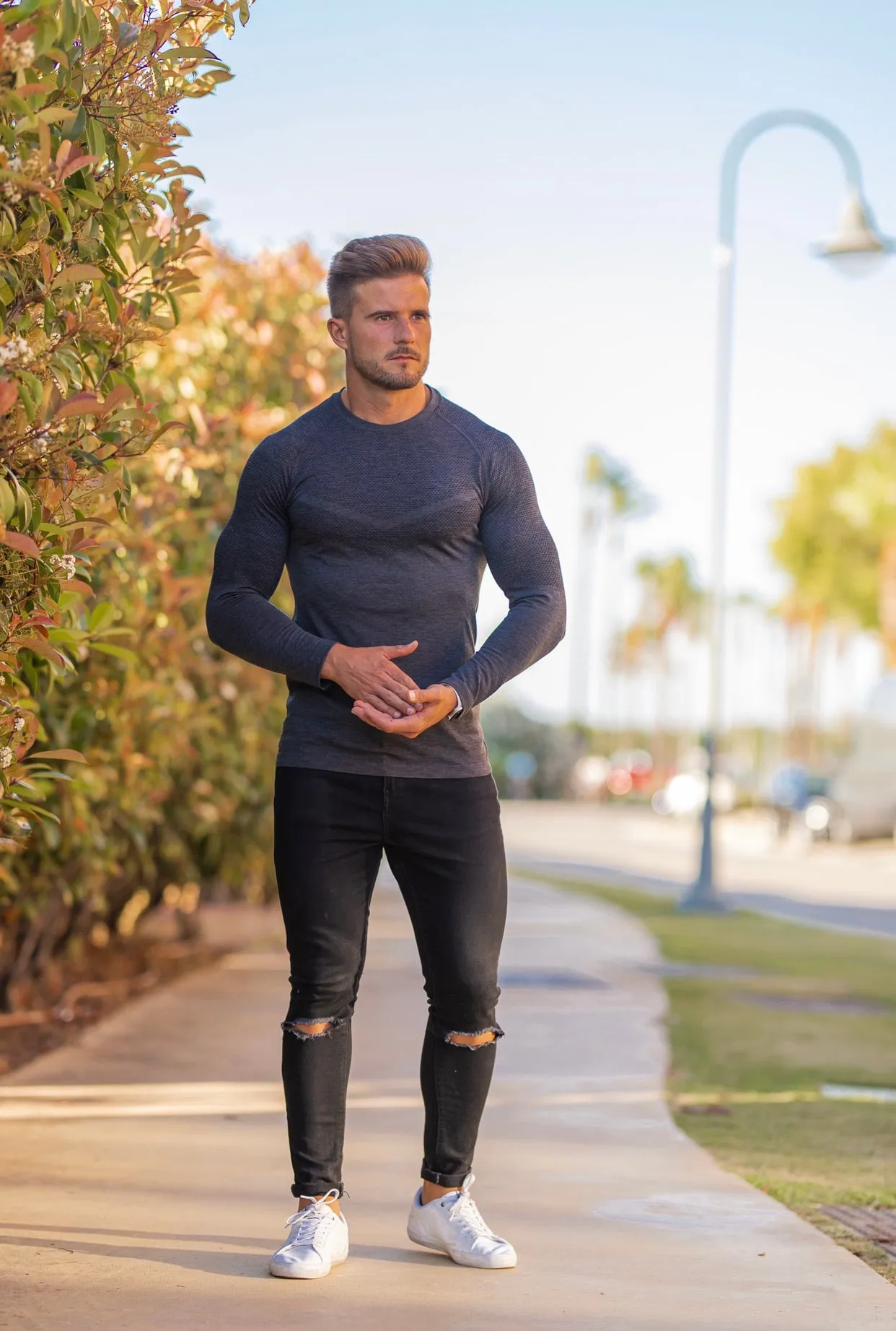 Father Sons Long sleeve Charcoal crew gym top with Raglan sleeve detail - FSM025