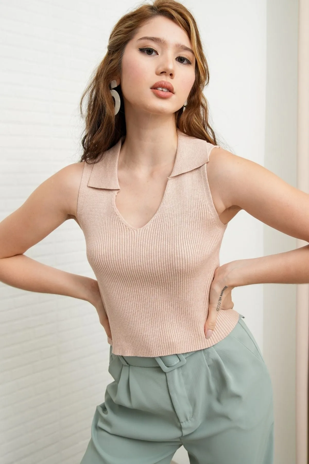 GIGI Sleeveless Collared Rib-Knit Top (Nude Beige)