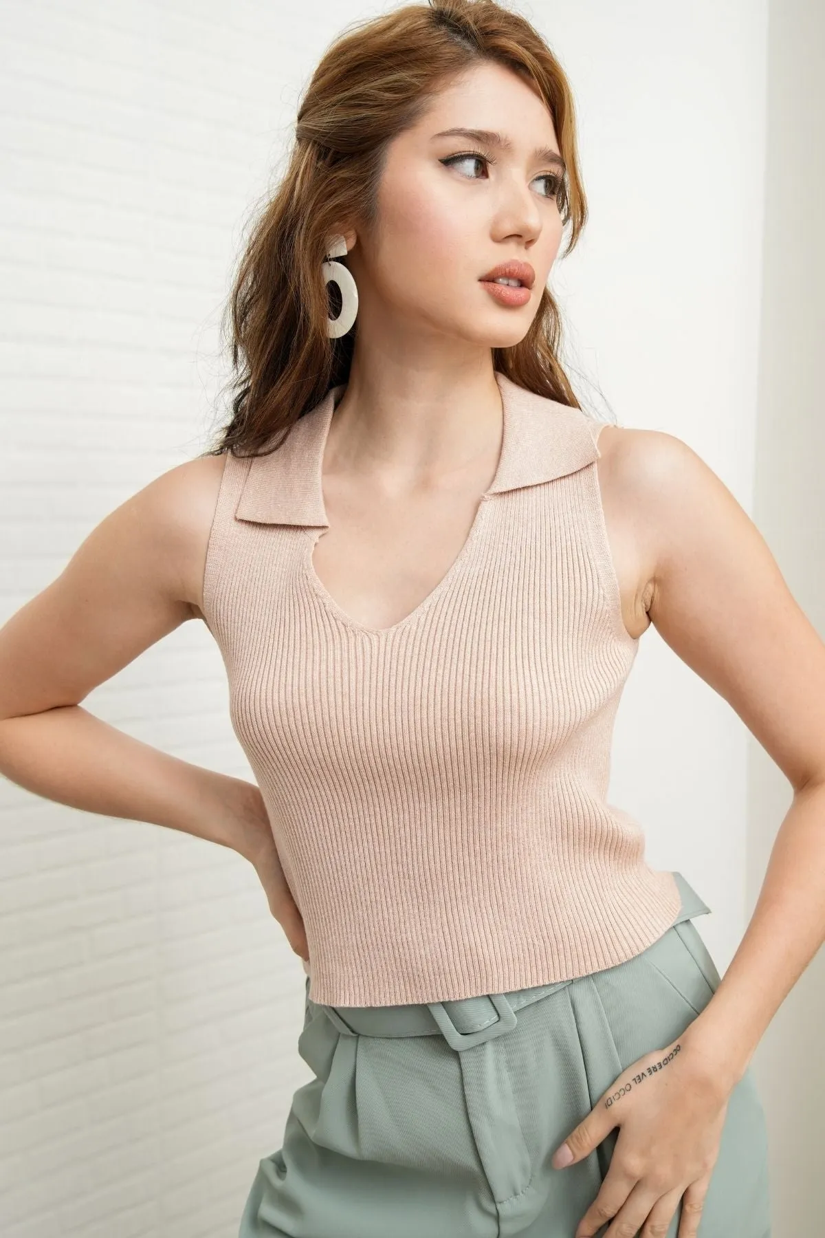 GIGI Sleeveless Collared Rib-Knit Top (Nude Beige)
