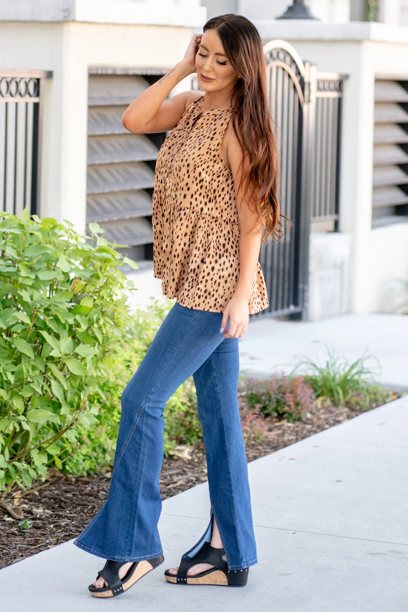 Leopard Sleeveless Blouse - Camel