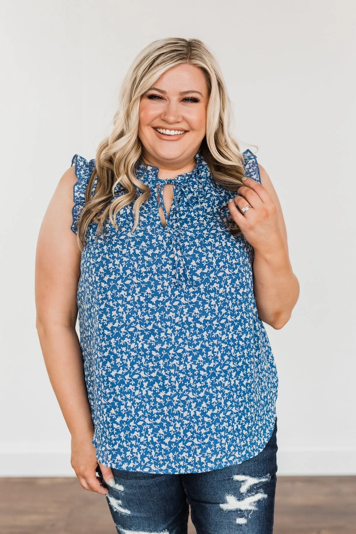 Moonlight Melodies Floral Sleeveless Blouse- Cobalt Blue
