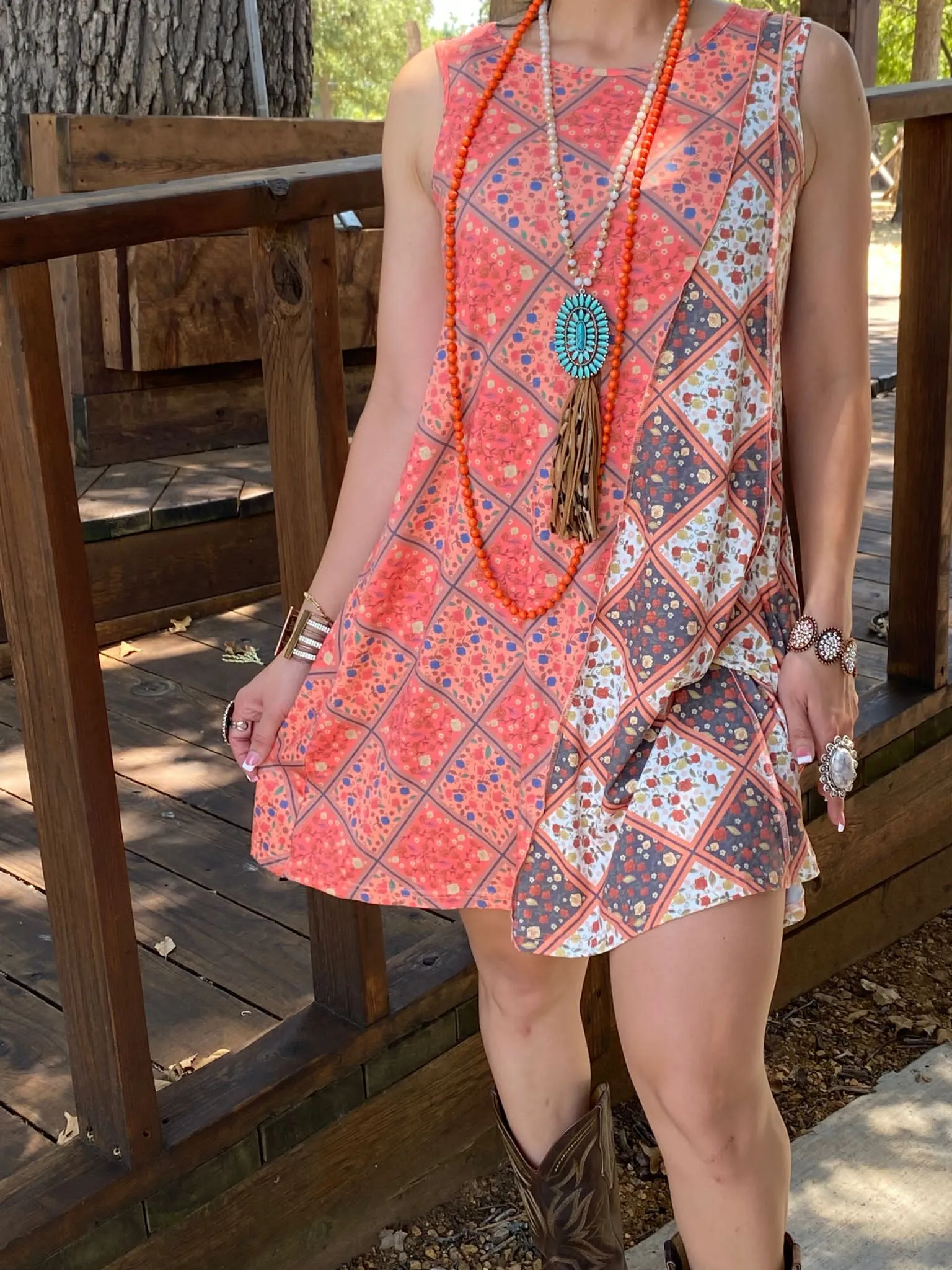 Orange Patchwork Sleeveless Dress
