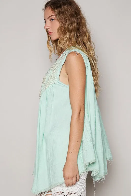 Pale Mint Embroidered Pearls Open Front Sleeveless Cardigan
