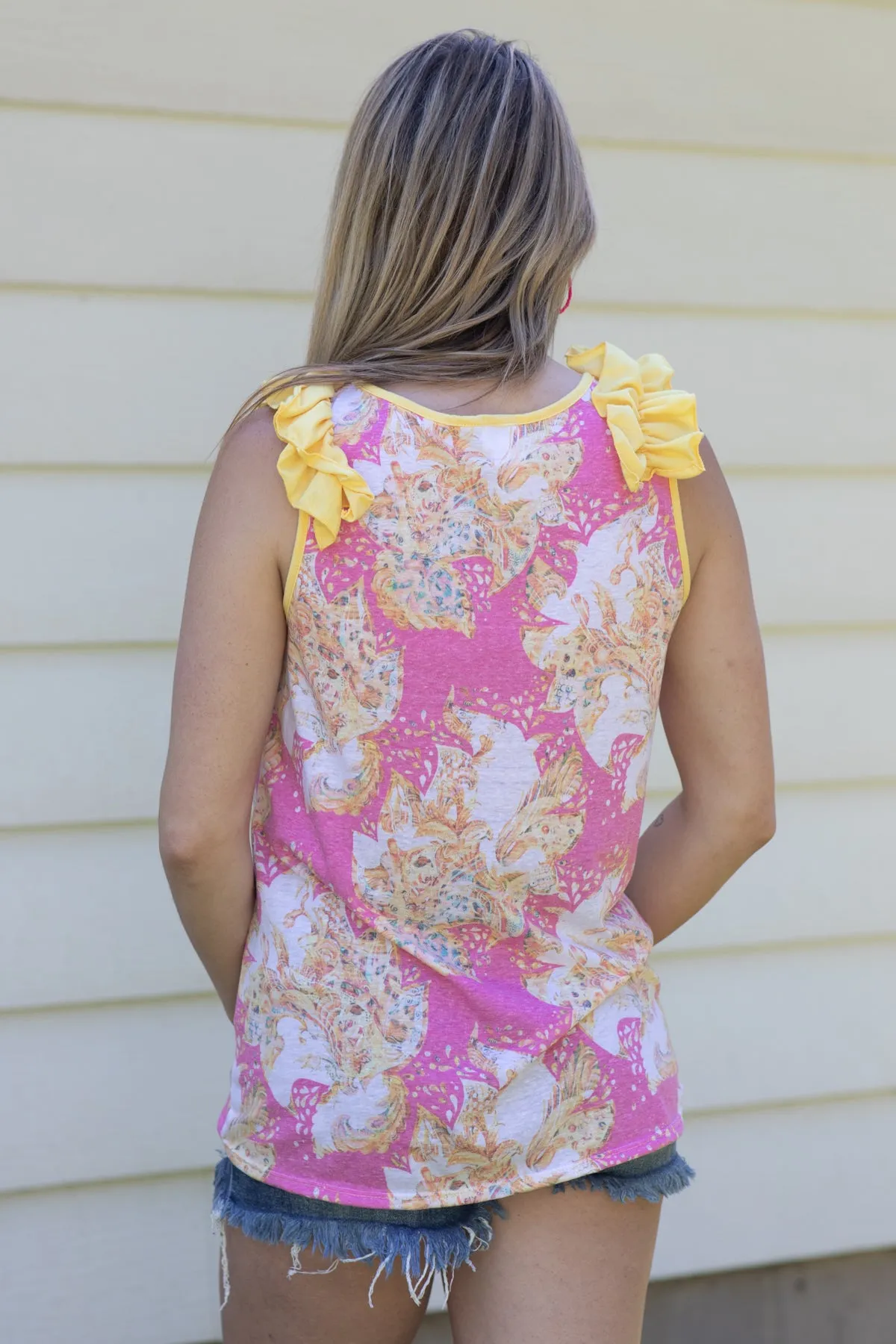 Pink and Yellow Ruffle Strap Paisley Tank