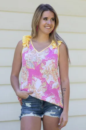 Pink and Yellow Ruffle Strap Paisley Tank