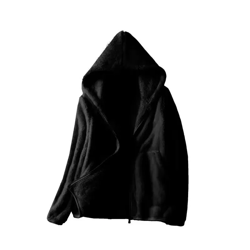 Plus Size Fleece Velvet Coat for Women Double-sided Polar Fleece Hooded Warm Jacket