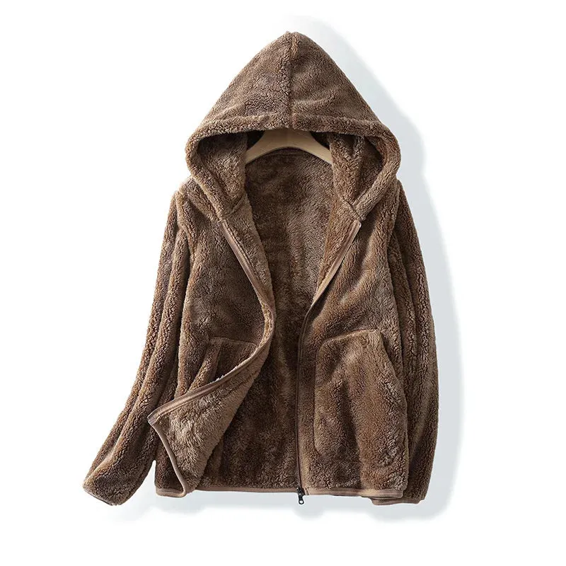 Plus Size Fleece Velvet Coat for Women Double-sided Polar Fleece Hooded Warm Jacket