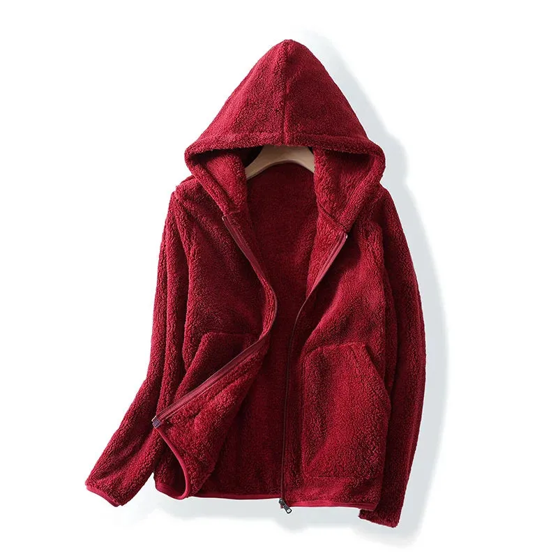 Plus Size Fleece Velvet Coat for Women Double-sided Polar Fleece Hooded Warm Jacket