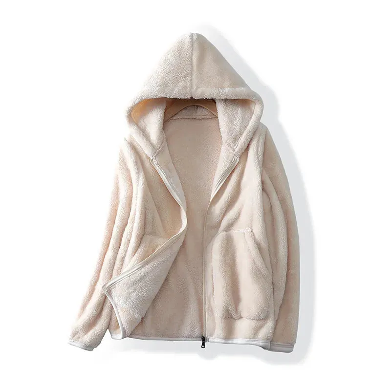 Plus Size Fleece Velvet Coat for Women Double-sided Polar Fleece Hooded Warm Jacket