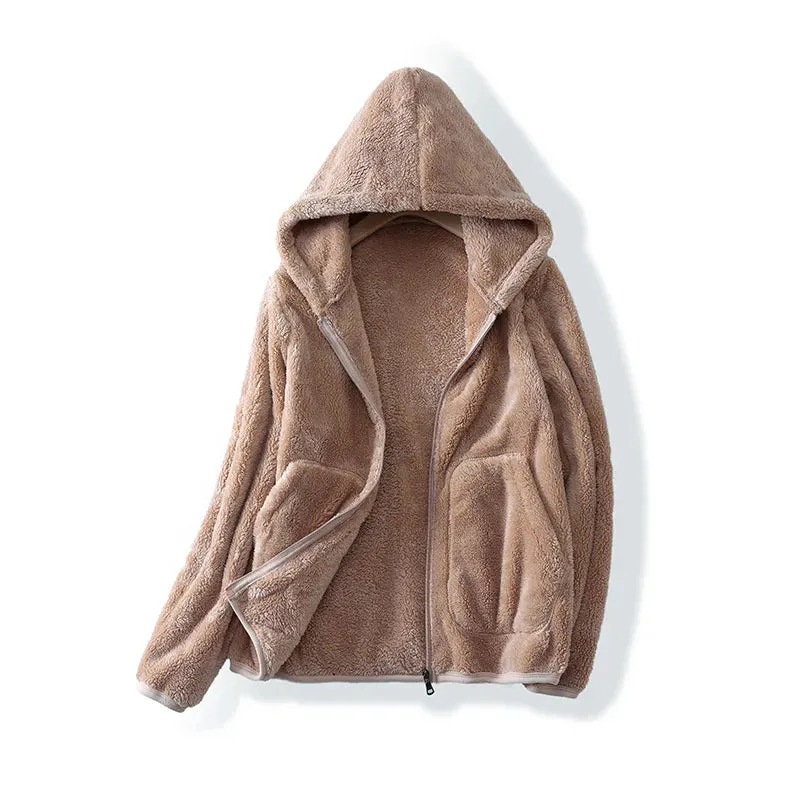 Plus Size Fleece Velvet Coat for Women Double-sided Polar Fleece Hooded Warm Jacket