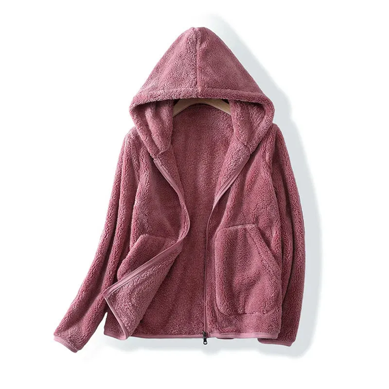 Plus Size Fleece Velvet Coat for Women Double-sided Polar Fleece Hooded Warm Jacket