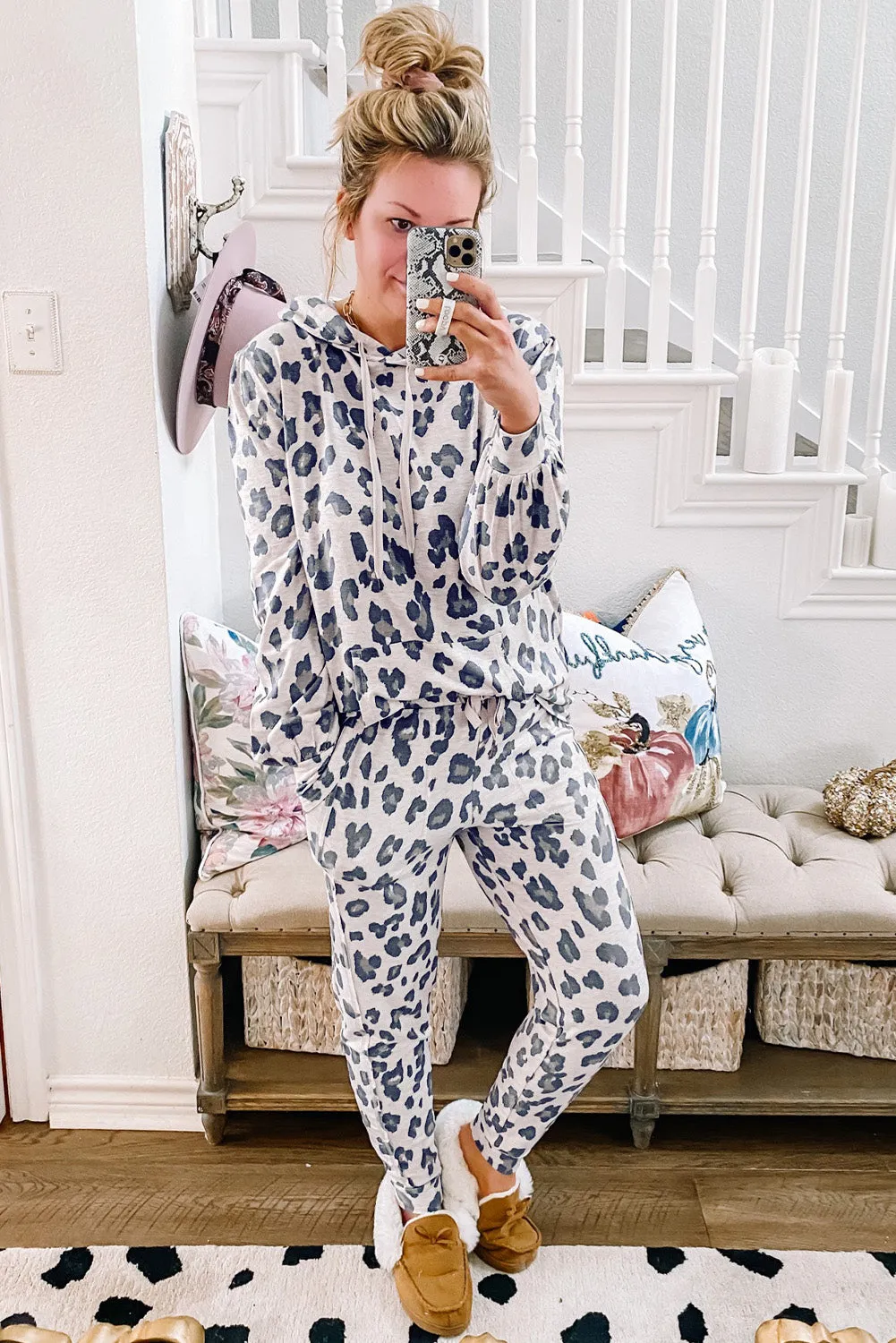 Sammie, Leopard Drawstring Hoodie and Skinny Pants Loungewear/Pajama Set