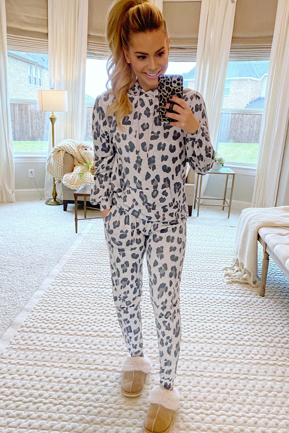 Sammie, Leopard Drawstring Hoodie and Skinny Pants Loungewear/Pajama Set