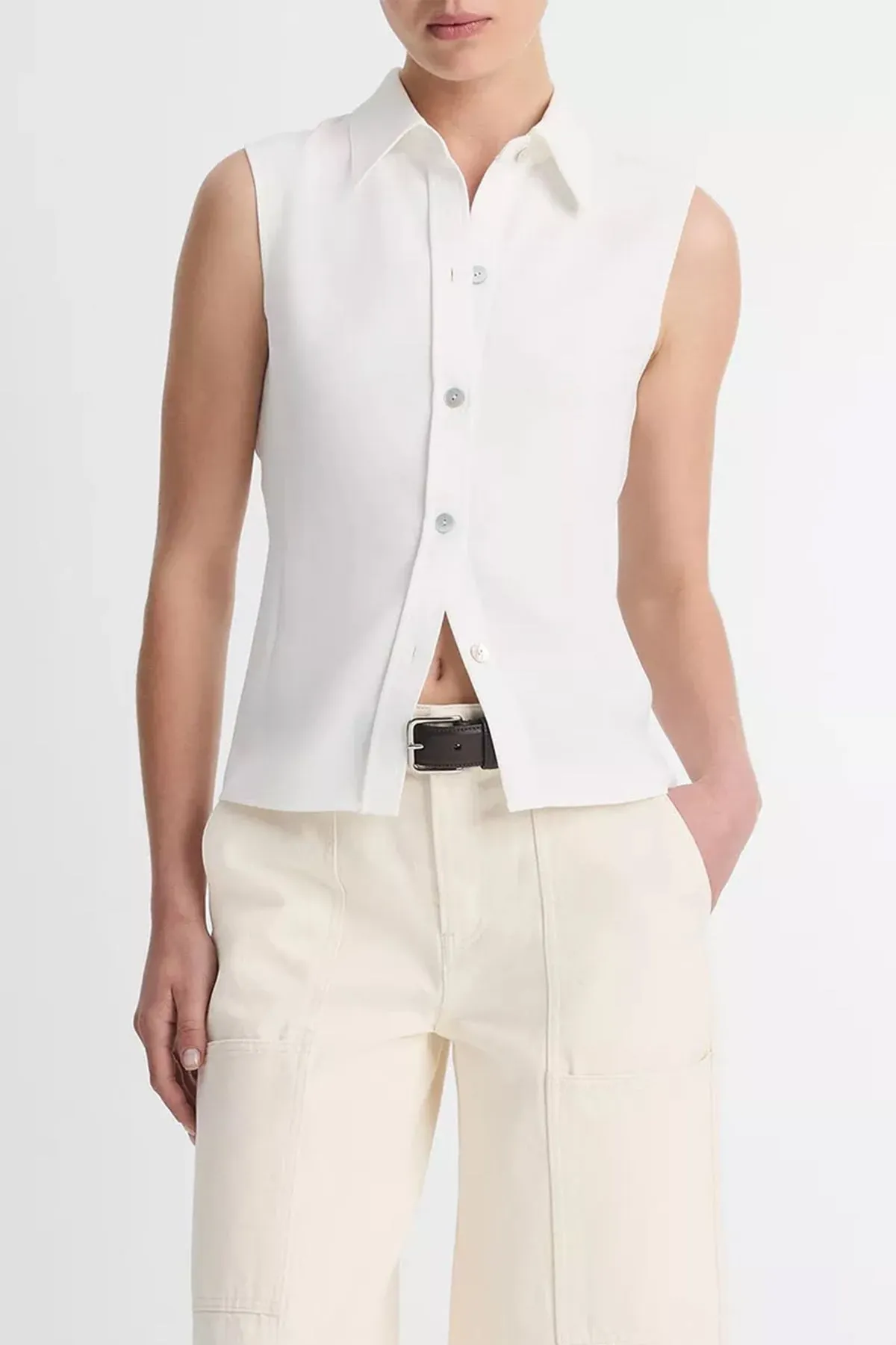 Sleeveless Button-Front Shirt in Off-White