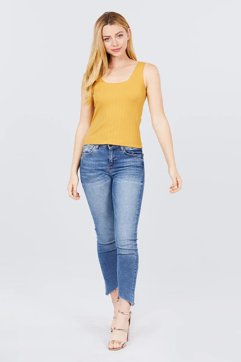 Sleeveless Double Scoop Neck Lace Trim Detail Pointelle Knit Top