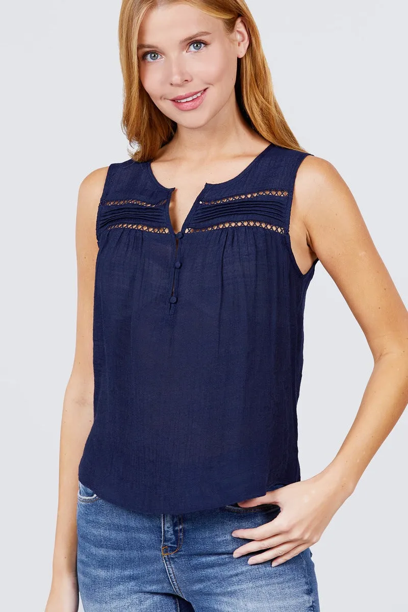Sleeveless Front Pleats Detail W/button Woven Top