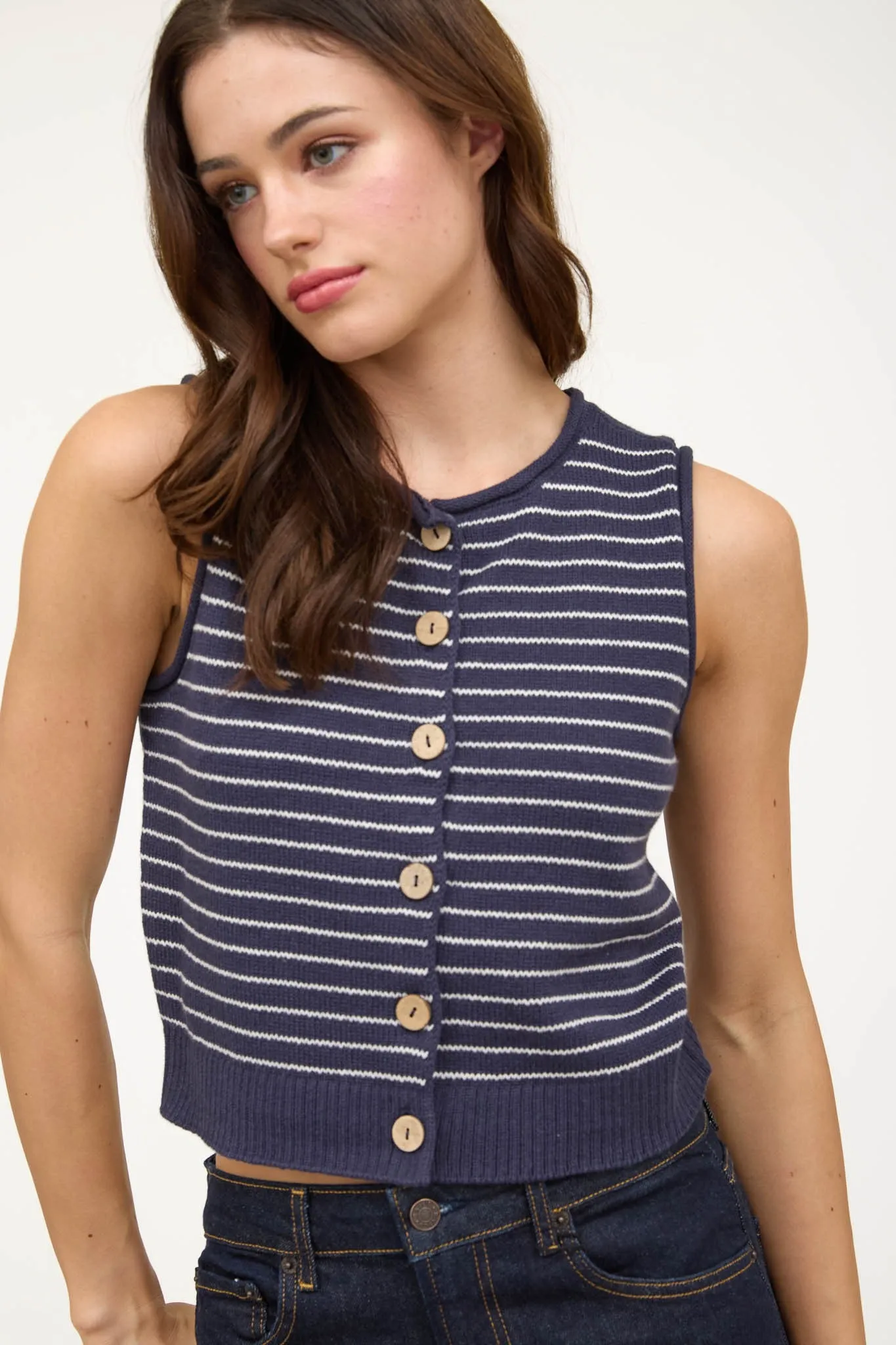 STRIPE RAW EDGE BUTTON DOWN CARDIGAN VEST