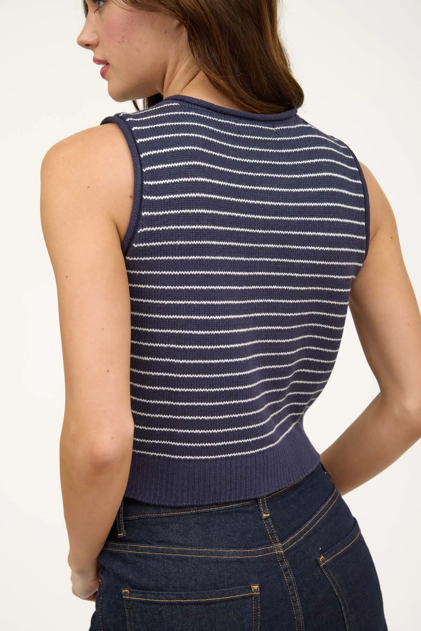 STRIPE RAW EDGE BUTTON DOWN CARDIGAN VEST