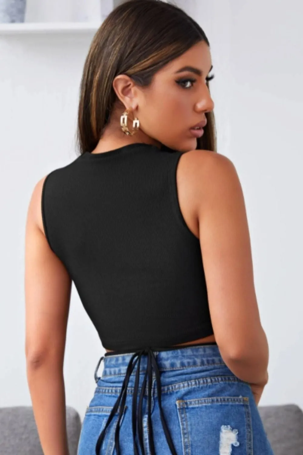 Tie Detail Black Basic Crop Top