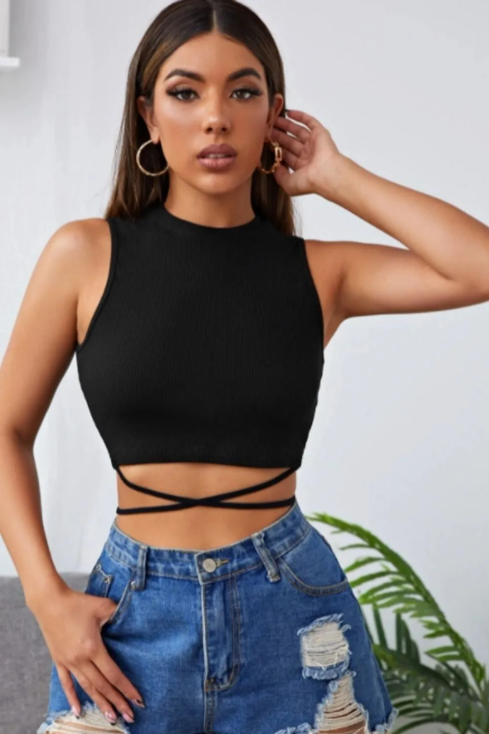 Tie Detail Black Basic Crop Top