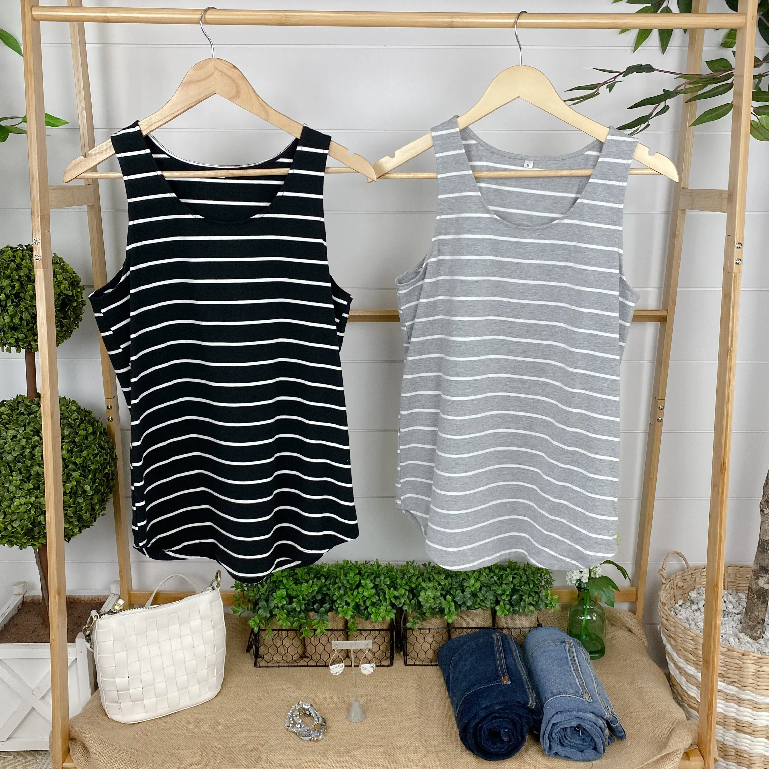 Tiffany Tank - Grey with White Stripes