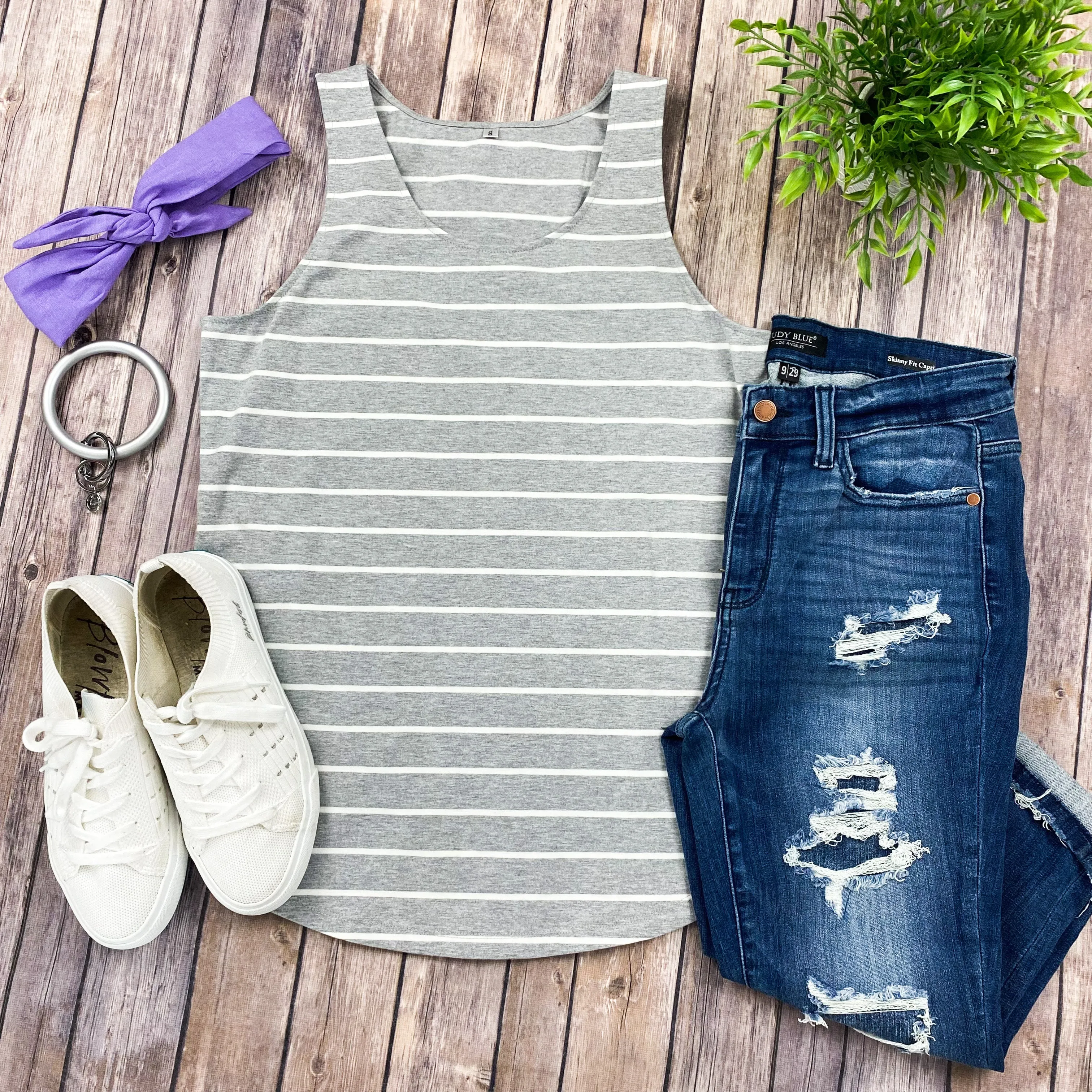 Tiffany Tank - Grey with White Stripes