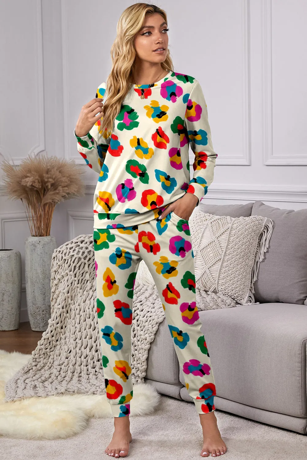 Uptown Dallas Leopard Long Sleeve Top and Skinny Pants Pajama Set