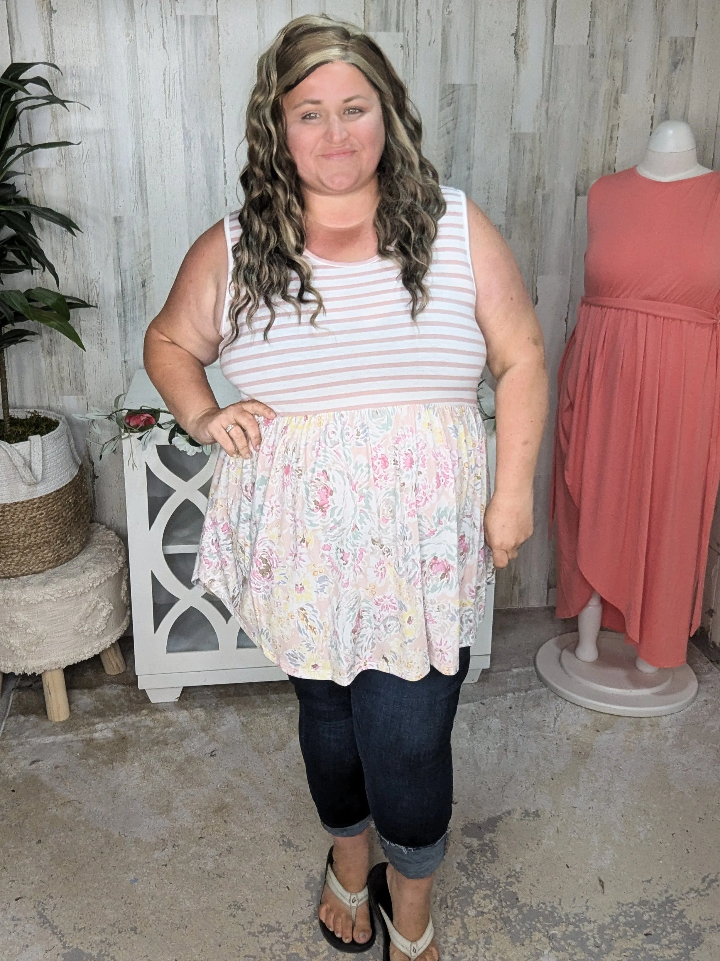 Winona Stripe   Floral Mix Shaping Tank