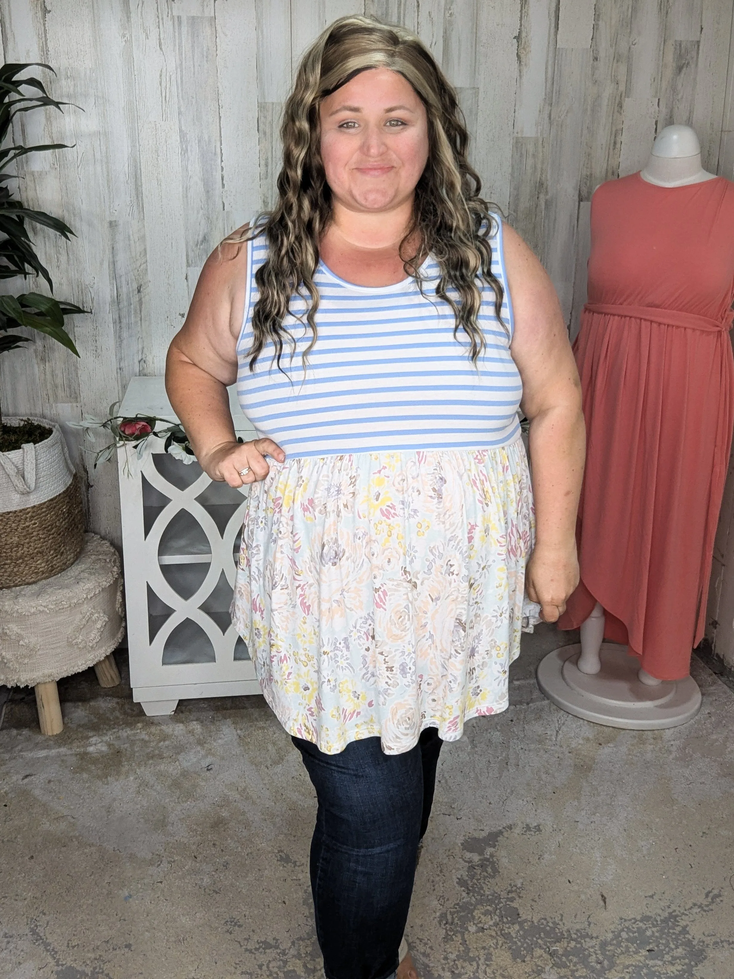 Winona Stripe   Floral Mix Shaping Tank
