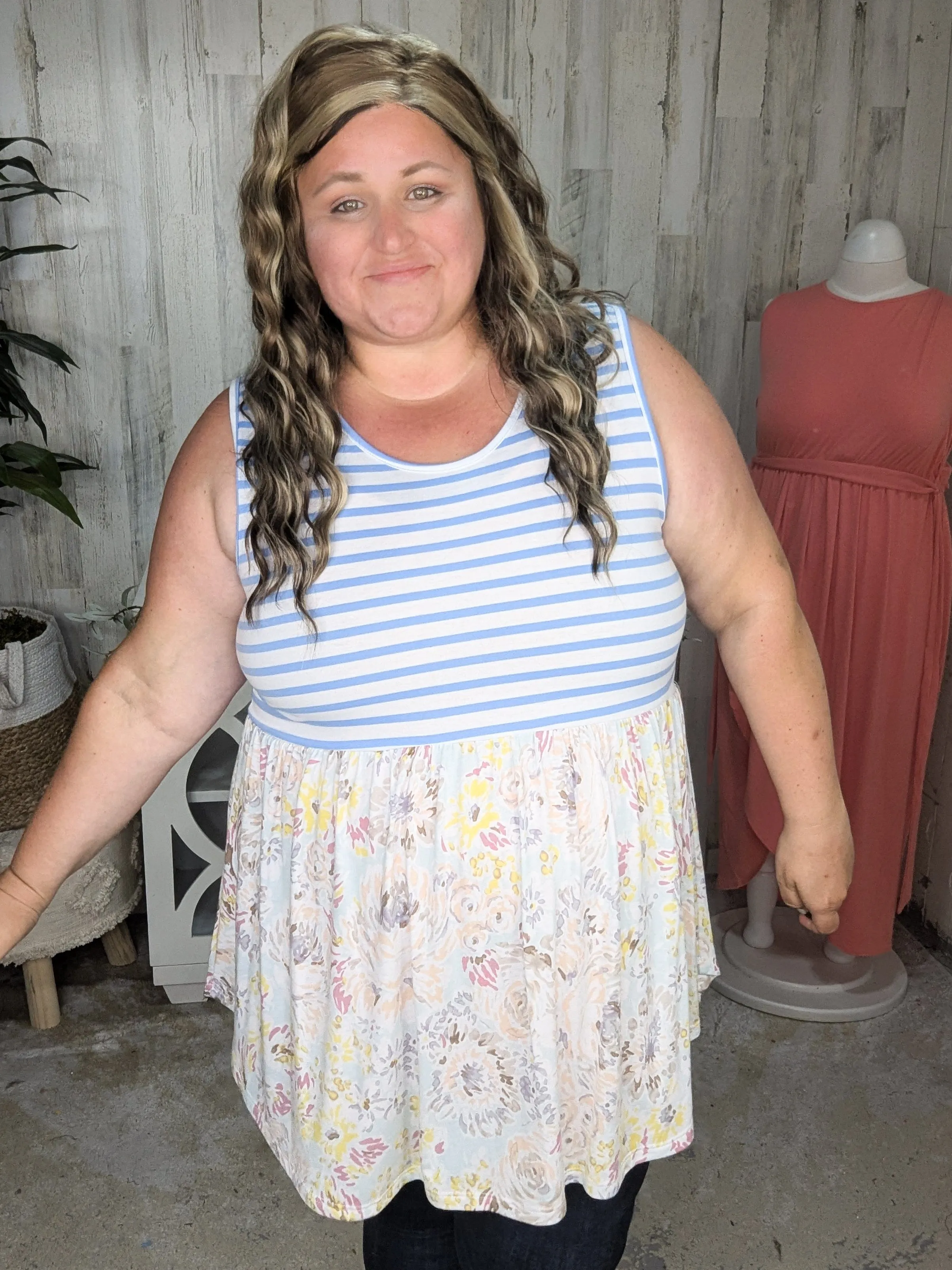 Winona Stripe   Floral Mix Shaping Tank