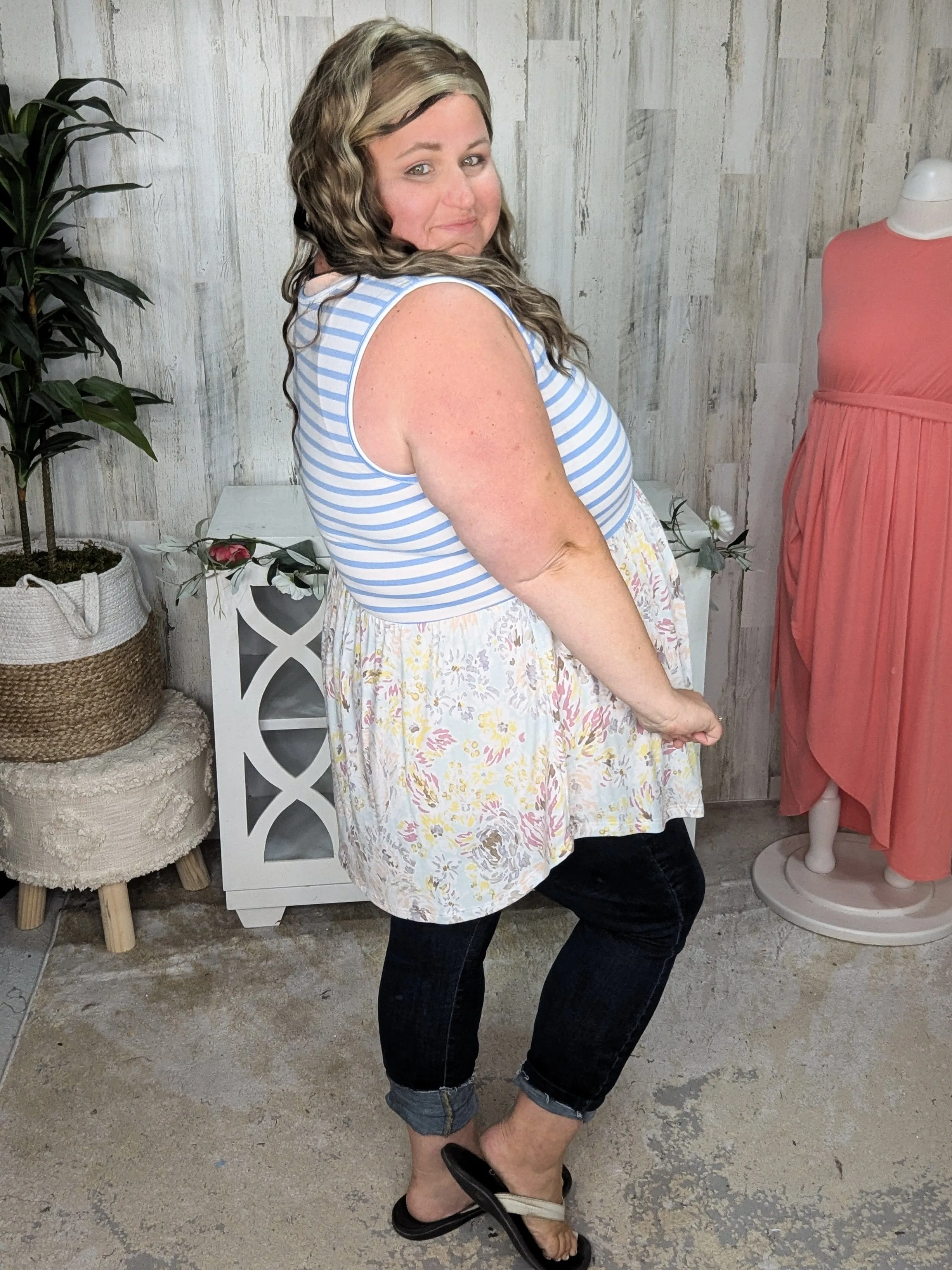 Winona Stripe   Floral Mix Shaping Tank