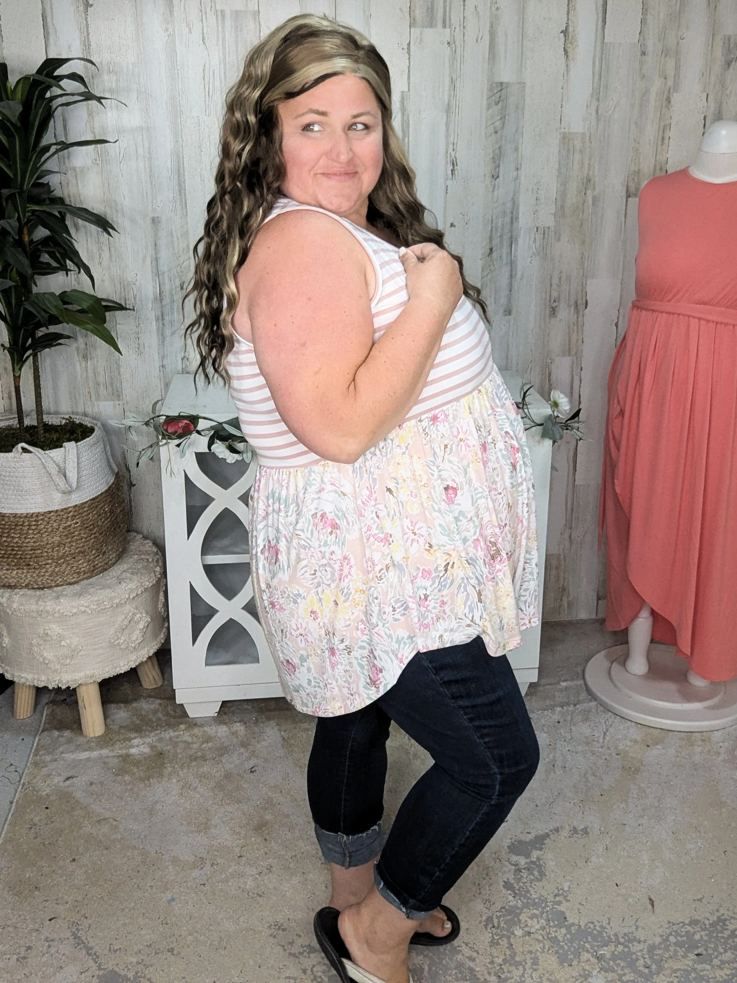 Winona Stripe   Floral Mix Shaping Tank