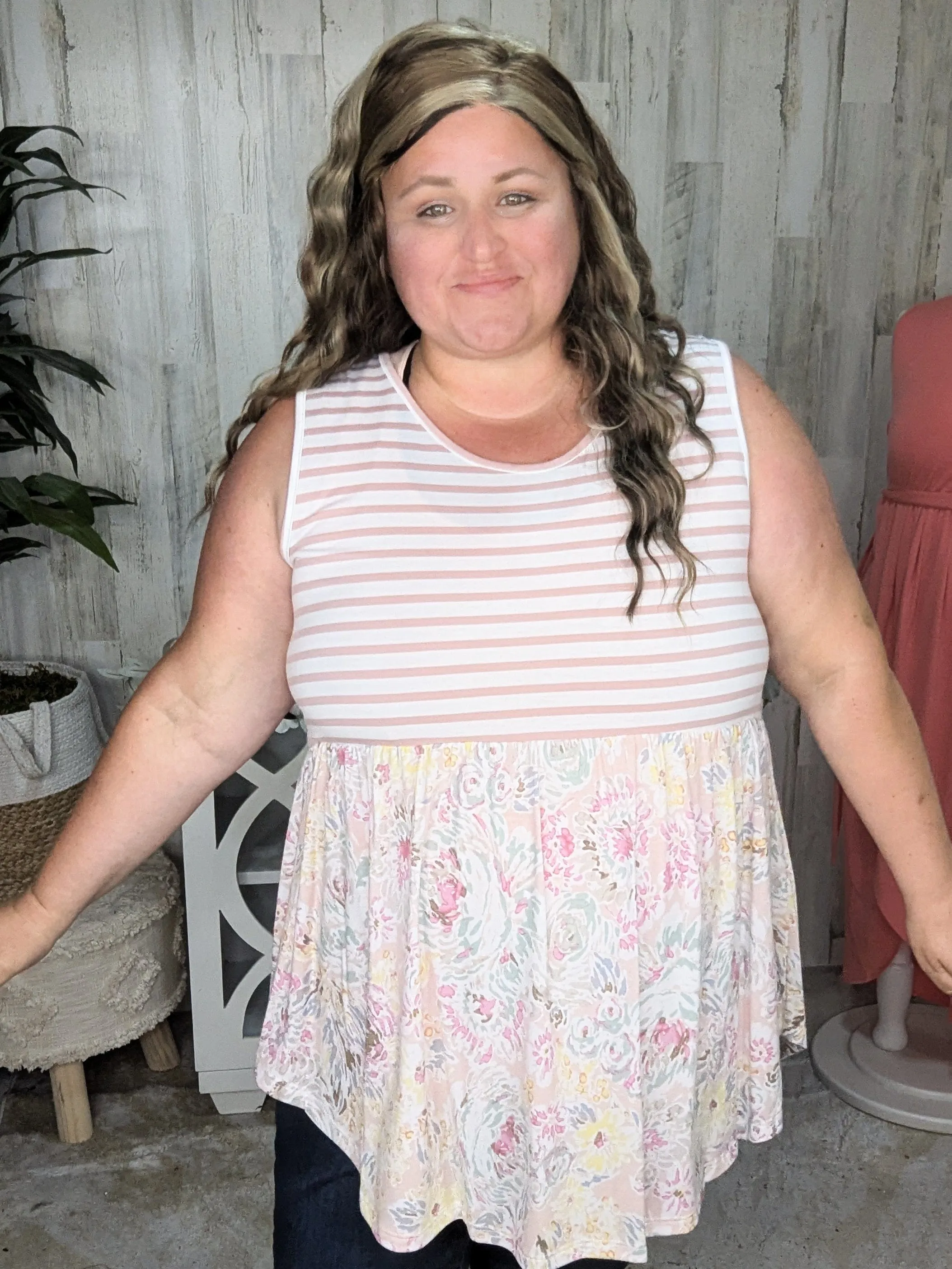 Winona Stripe   Floral Mix Shaping Tank